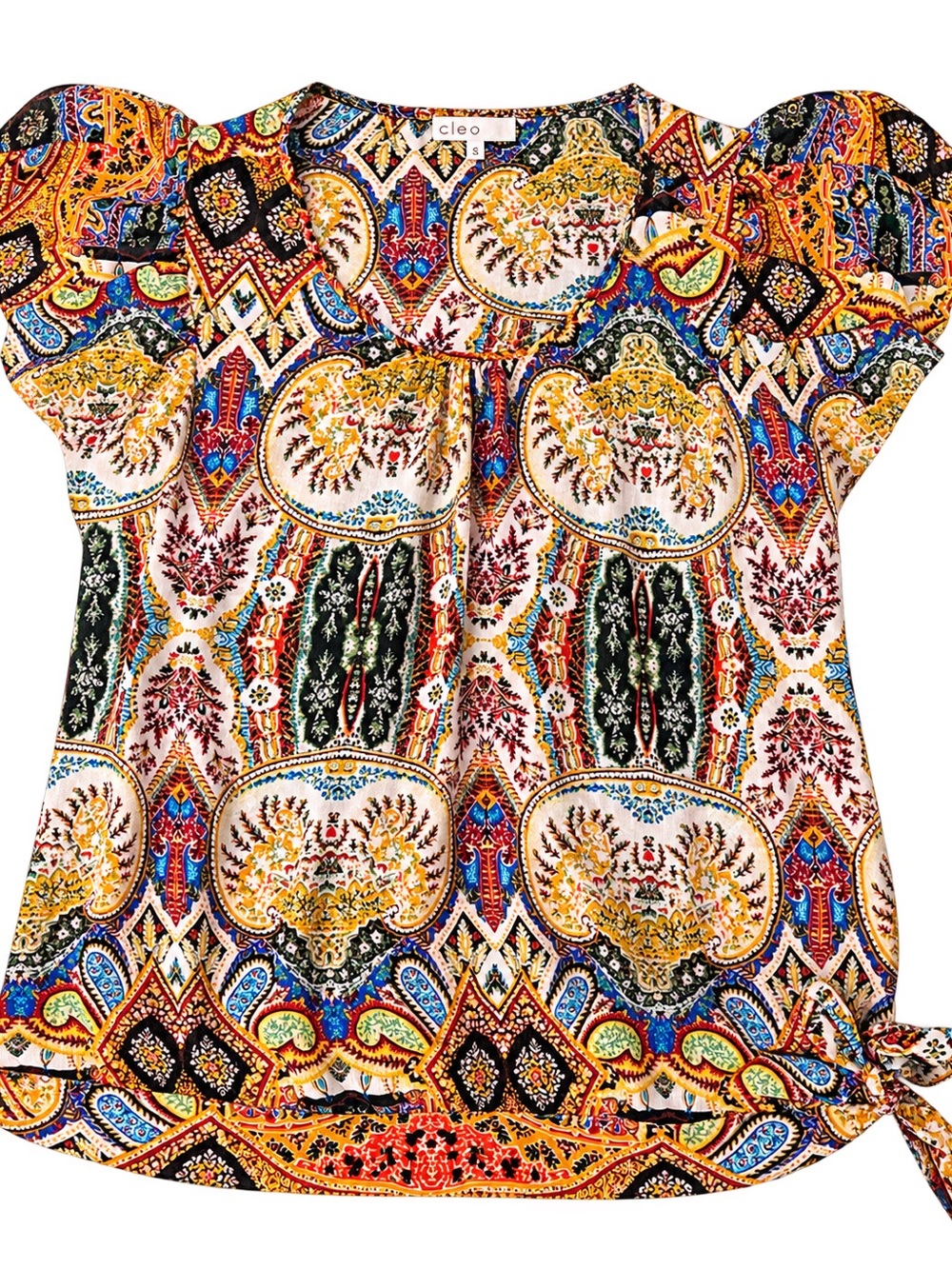cleo Multicolor Paisley Tie-Hem Short Sleeve Top